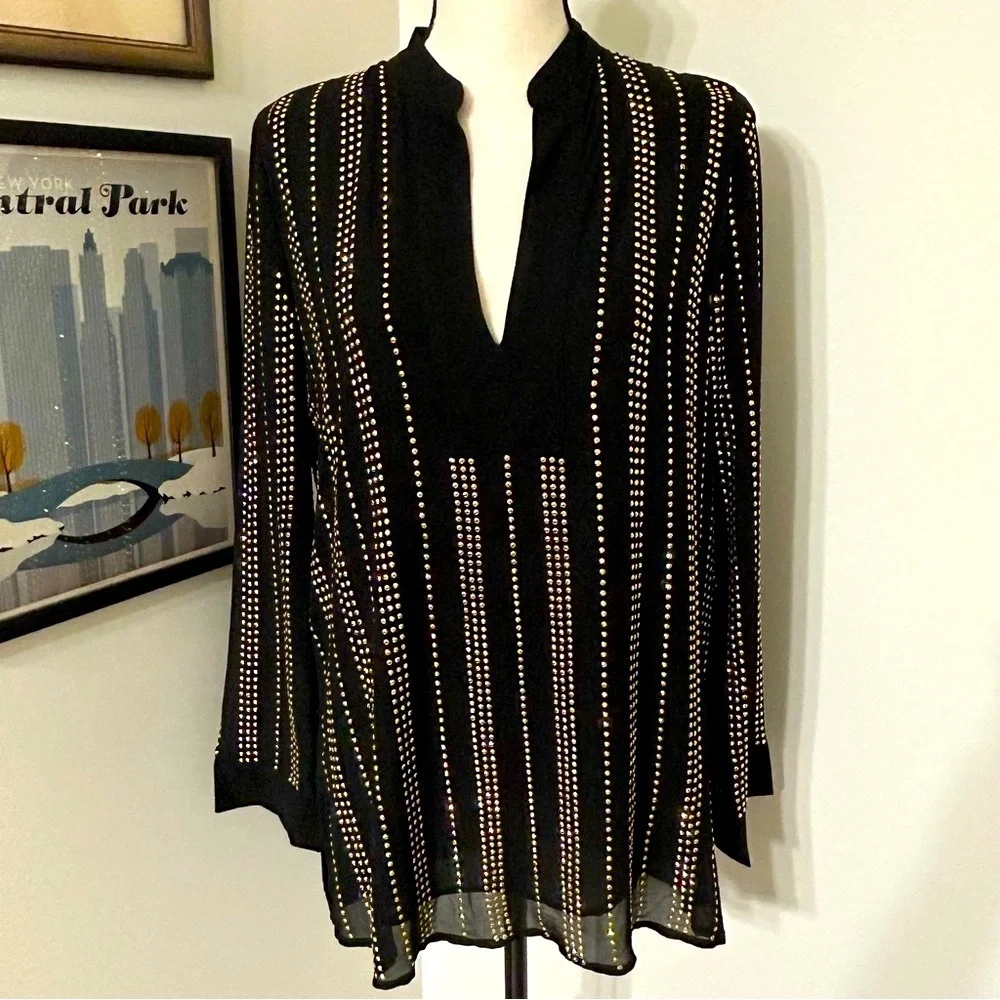 Michael Kors Black and Gold Embellished Tunic Blouse SZ M